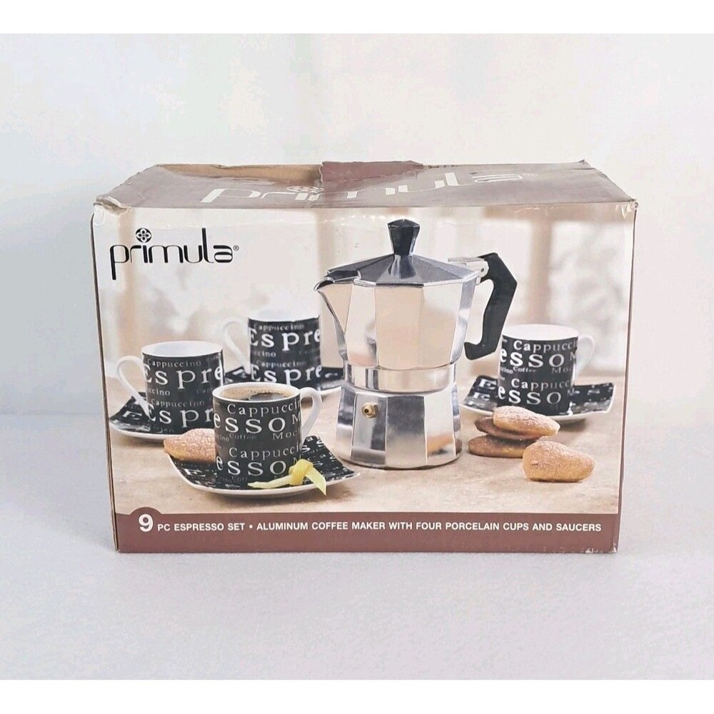 Primula 9 Piece Espresso Set Coffee Maker 4 Cups and 4 Saucers